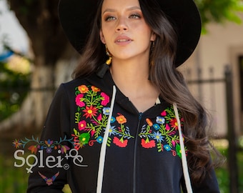 Mexican Floral Sweatshirt. Artisanal Sweatshirt Made in Mexico. Floral Embroidered Sweatshirt. Zip up Sweatshirt.