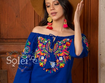 Stunning Blue embroidery Spanish Colonial style Handmade Mexican Cotton Blouse