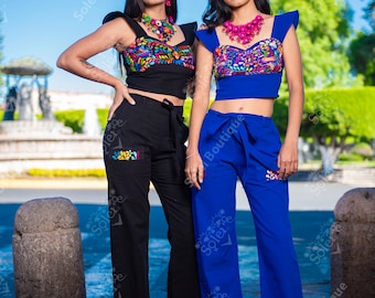 Mexican Two Piece Jumpsuit. Ruffle Sweetheart Neck Top. Hand Embroidered Floral Jumpsuit. Mexican Fashion 2 Piece High Waisted Jumpsuit.