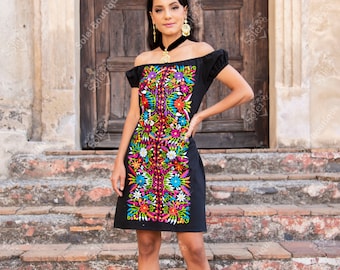 Mexican Short Floral Dress. Mexican Artisanal Dress. Traditional Floral Embroidered Dress. Little Black Dress Dress. Typical Mexican Dress.