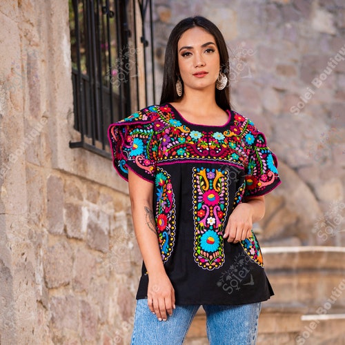 Hand Embroidered Multicolor Blouse. Floral Mexican Blouse. - Etsy