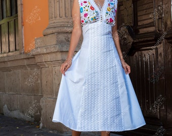 Floral Plunge Dress. Hand Embroidered Dress. Formal Dress. Authentic Mexican Embroidered Dress. Mexican Wedding Dress. Bridesmaid Dress