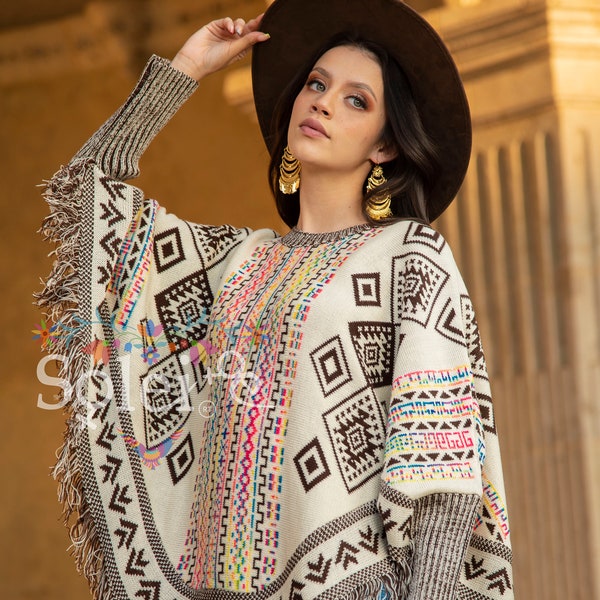 Artisanal Mexican Poncho. Multicolor Poncho with Sleeves. Poncho with Fringe. Traditional Mexican Poncho. Mexican Sweater Poncho.