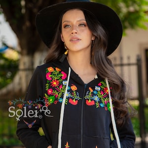 Mexican Floral Sweatshirt. Artisanal Sweatshirt Made in Mexico. Floral Embroidered Sweatshirt. Zip up Sweatshirt.