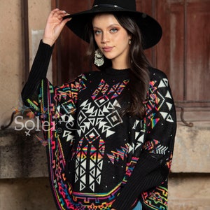 Artisanal Mexican Poncho. Mexican Poncho with Sleeves. Multicolor Poncho. Traditional Mexican Poncho. Mexican Multicolor Sweater Poncho.