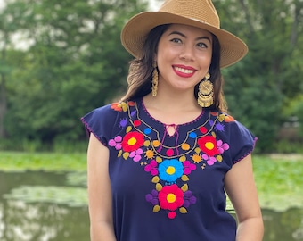 Hand Embroidered Floral Top. Colorful Artisanal Top. Embroidered Mexican Shirt. Hippie-Boho Mexican Blouse. Floral Blouse. Mexican Fiesta.