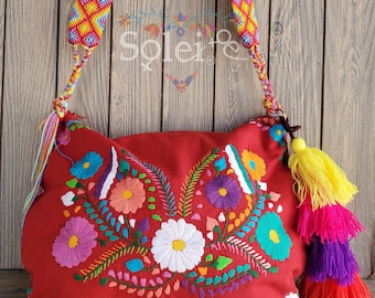 Traditional Embroidered Bag with Tassels. Mexican Morral Bag. Hand Embroidered Floral Bag.Hand Knit Strap. Colorful Mexican Bag.Floral Purse