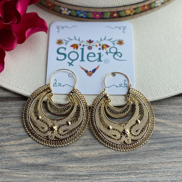 Mexican  Filigree Earrings. Traditional Mexican Earrings. Frida Kahlo Earrings. Folkloric Earrings. Gold Plated Mexican Earrings.