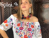 White Off the Shoulder Mexican Floral Blouse. Hand Embroidered Floral Design. Frida Kahlo Style. Made in Mexico.
