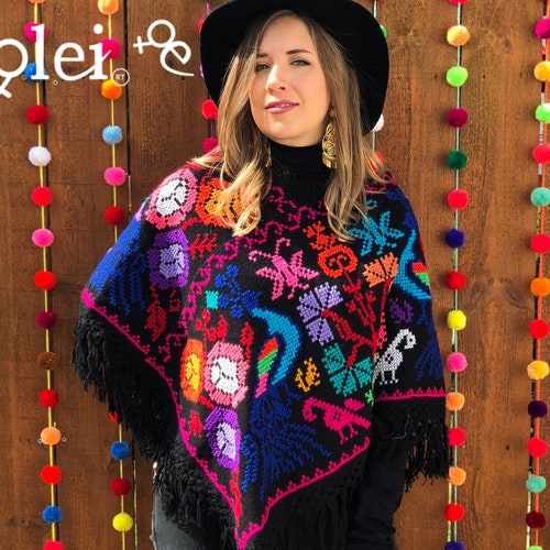 Hand Embroidered Mexican Poncho. Multicolor Poncho. - Etsy