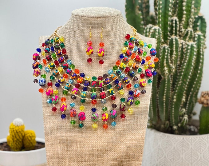 Artisanal Set Earrings-Necklace Palm-Silk Thread Fuchsia 603231 main image 1