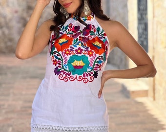 Embroidered Mexican Floral Halter Top. Size S - 2X. Ethnic Style Mexican Top. Typical Mexican Blouse. Boho Hippie. Latina Style Top.