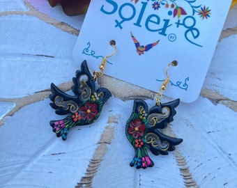 Hand Painted Artisanal Earrings. Dangle Earrings. Mexican Floral Earrings. Boho Chic Earrings. Traditional Mexican Jewelry. Gifts for her.