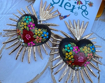 Hand Painted Artisanal Earrings. Heart Earrings. Mexican Floral Painted Earrings. Mexican Earrings. Traditional Mexican Jewelry.