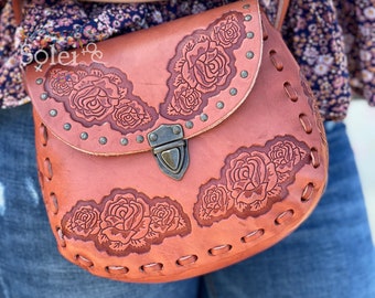 Genuine Mexican Leather Purse. Die Cut Leather Purse. Mexican Artisanal Over the Shoulder Bag. Floral Purse. Traditional Mexican Bag.