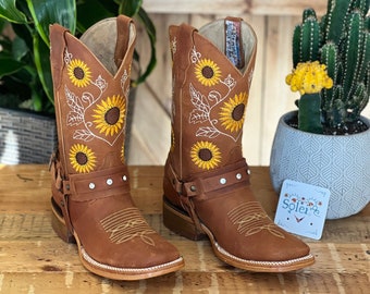 Botas Mexicanas de Piel Bordadas. Botas Vaqueras de Girasol - España