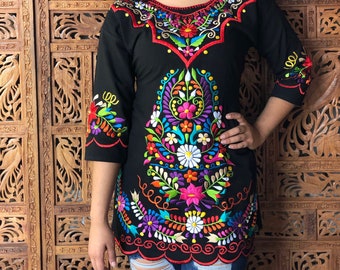 Colorful Floral Mexican Blouse. Plus Size Embroidered Blouse. 3/4 Sleeve Blouse. Hippie-Boho. Free Shipping.