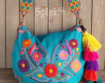 Traditional Embroidered Bag with Tassels. Mexican Morral Bag. Hand Embroidered Floral Bag.Hand Knit Strap. Colorful Mexican Bag.Floral Purse