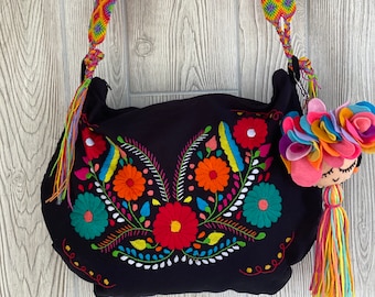 Traditional Embroidered Bag with Tassels. Mexican Morral Bag. Hand Embroidered Floral Bag.Hand Knit Strap. Colorful Mexican Bag.Floral Purse