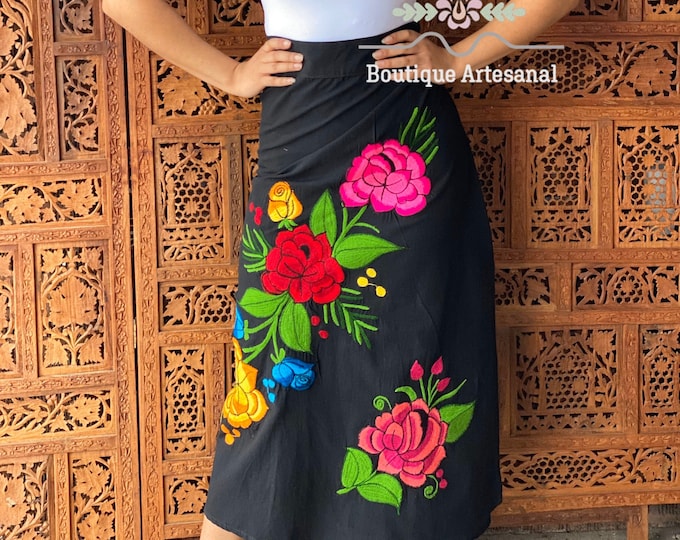 Long Embroidered Wrap Skirt. Mexican Floral Skirt. Embroidered Floral