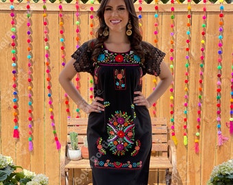 Mexican Floral Embroidered Dress. Hand Embroidered Mexican Dress. Traditional Mexican Dress. Lace Sleeve Dress. Mexican Fiesta Dress.