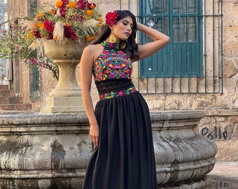 Floral Halter Dress. Floral Embroidered Dress. Latina Fashion Dress. Mexican Style Dress. Mexican Formal Dress. Bridesmaid Dress. Bohemian.