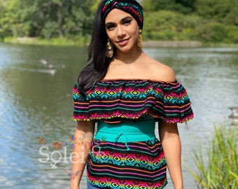 Mexican Traditional Flounce Blouse. Mexican Embroidered Top. Multicolor Shirt. Off the Shoulder. Mexican Blouse with Turban Headband.