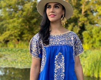 Silk Thread Hand Embroidered Mexican Blouse.Mexican Traditional Blouse. Golden Embroidered Blouse. Golden Floral Blouse. Formal Blouse.