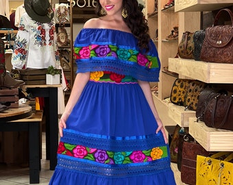 Mexican Traditional Dress. Floral Embroidered Dress. Mexican Fiesta Dress. Lace Trim Off the Shoulder Dress.