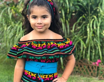 Girls Traditional Mexican Blouse. Multicolor Mexican Top. Traditional Mexican Top. Girl’s Off the Shoulder Top with Turban Headband.