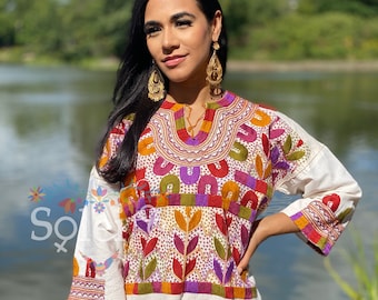 Hand Embroidered Mexican Blouse. Traditional Mexican Top. Multicolor Embroidered Blouse. Authentic Mexican Top. Ethnic Fashion.