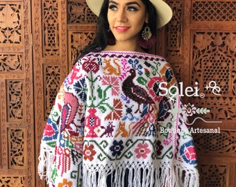 Peacock Embroidered Poncho. Colorful Poncho. Mexican Traditional Poncho. Hand Embroidered Poncho. Mexican Fiesta Shawl. Bird Poncho.