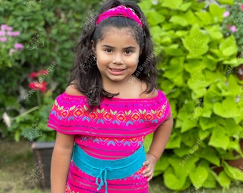 Girls Traditional Mexican Blouse. Multicolor Mexican Top. Traditional Mexican Top. Girl’s Off the Shoulder Top with Turban Headband.
