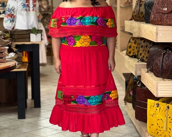 Mexican Traditional Dress. Floral Embroidered Dress. Mexican Fiesta Dress. Lace Trim Off the Shoulder Dress.