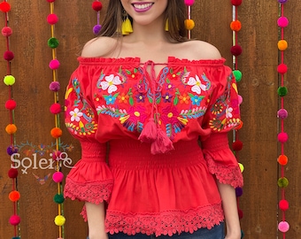 Floral Embroidered Mexican Blouse. Size S - 2X. Traditional Mexican Top. Bell Sleeve Blouse. Multicolor Mexican Top. Latina Style Blouse.