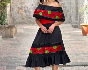 Mexican Traditional Dress. Floral Embroidered Dress. Mexican Fiesta Dress. Lace Trim Off the Shoulder Dress.