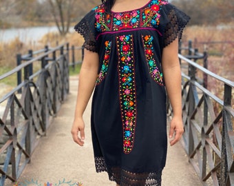 mexican black dress with flowers