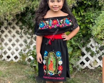 Girl’s Mexican Off the Shoulder Dress. Girls Mexican Dress. Virgin Mary Embroidered Dress. Kids Traditional Dress. Belt Included.