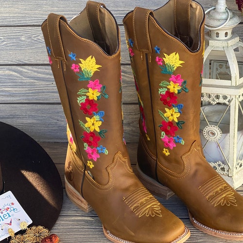 Women's Mexican Boot. Handmade Leather Floral Embroidered Etsy
