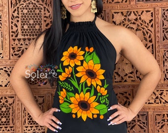 Embroidered Floral Halter Top. Sunflower Halter Top. Embroidered Mexican Top. Artisanal Mexican Blouse. Floral Blouse. Fashion Mexican Top.