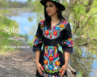 Mexican Kimono Dress.Size S-3X.  Mexican Floral Dress. Colorful Embroidered Dress. Formal Dress.Frida Kahlo Dress.Little Black Dress