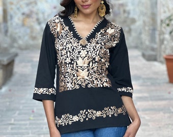 Mexican Blouse. Size S - 3X. Golden Floral Embroidered Mexican Blouse. Traditional Mexican Top. Mexican Style Top.