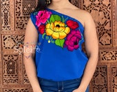 One Shoulder Embroidered Mexican Blouse. Floral Mexican Huipil. Colorful Floral Blouse. Frida khalo. Hippie-Boho. Mexican Fiesta.
