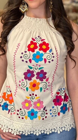 Tablier Mexicain Imprimé Floral - Dimensions 84 X 70 Cm, Tissu Polyester Imperméable, Poches, Sangle Réglable
