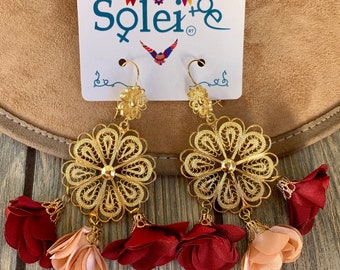 Mexican Floral Filigree Earrings. Gold Plated Filigree. Silk Flower Earrings. Dangle Earrings. Traditional Mexican Earrings