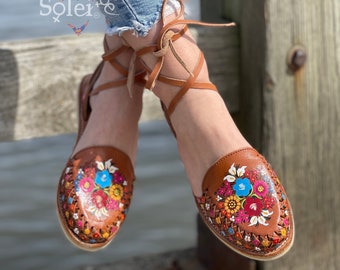 Lace Up Mexican Sandals. All Sizes Boho- Hippie Vintage. Hand Painted Artisanal Sandals.  Mexican Leather Floral Flats. Summer Sandals.