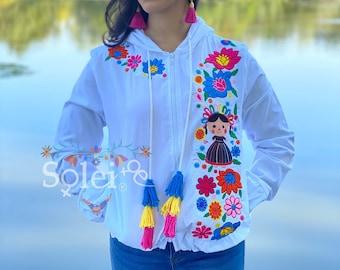 ジャケット・アウター Embroidery Flower Beads Hoodie Womens Mexican Embroidered Windbreaker. Floral Embroidered Jacket