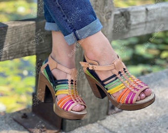 Mexican Heel Sandal. All Size Boho- Hippie Vintage Heels. Mexican Leather Sandal. Mexican Artisanal Huarache. Colorful Block Heels.