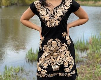 Mexican Gold Embroidered Dress. Size S - 3X. Mexican Traditional  Dress. Handmade Mexican Dress. Mexican Bridesmaid Dress. Mexican Wedding.