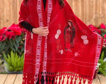 Mexican Embroidered Shawl. Virgin Mary Embroidered Shawl. Mexican Traditional Shawl. Mexican Blanket Wrap.